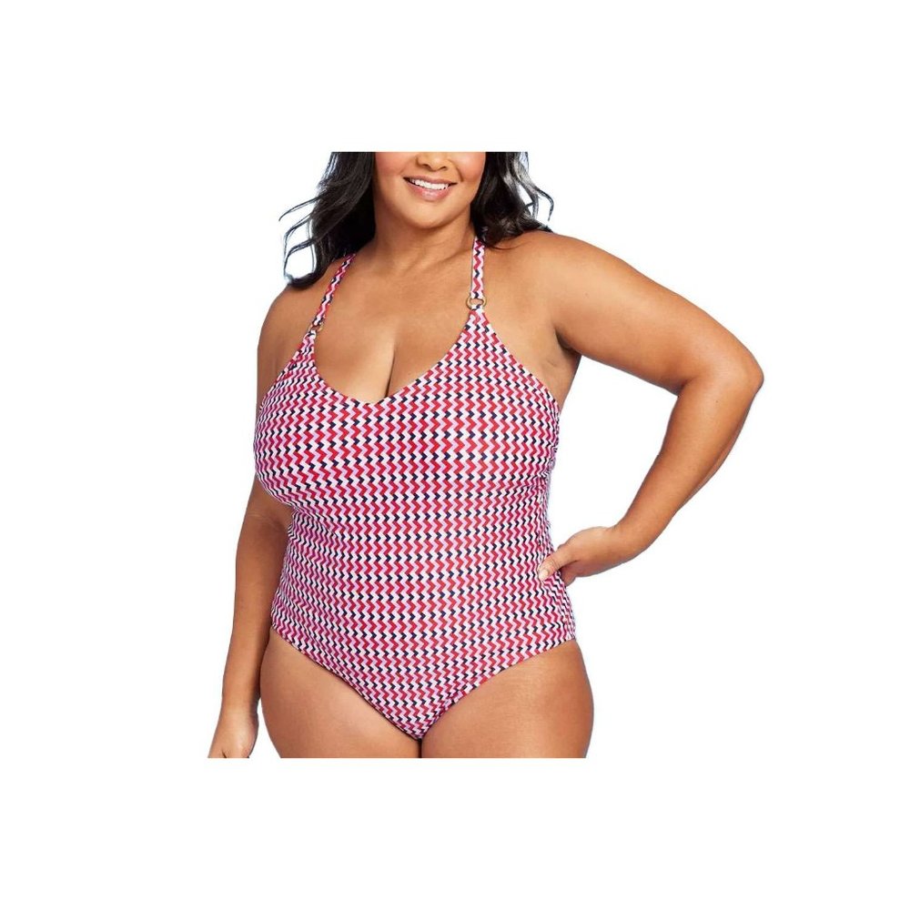 Kona Sol One Piece Swimsuit Red White Chevron Zigzag Size 22 New Bathing Suit